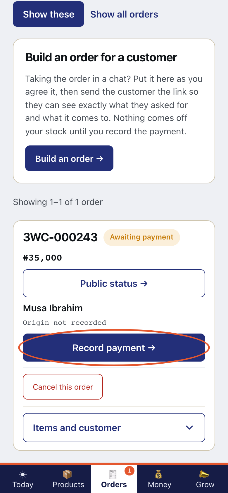 Step 1 of Record the money