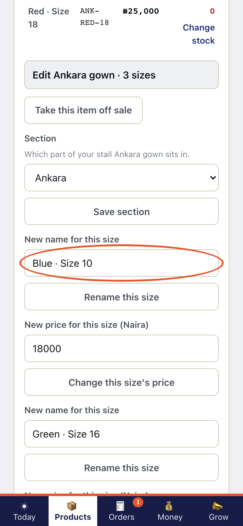 Step 1 of Sizes, colours and prices
