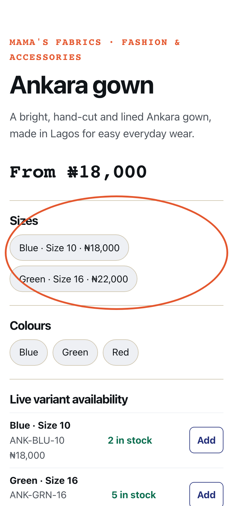 Step 5 of Sizes, colours and prices