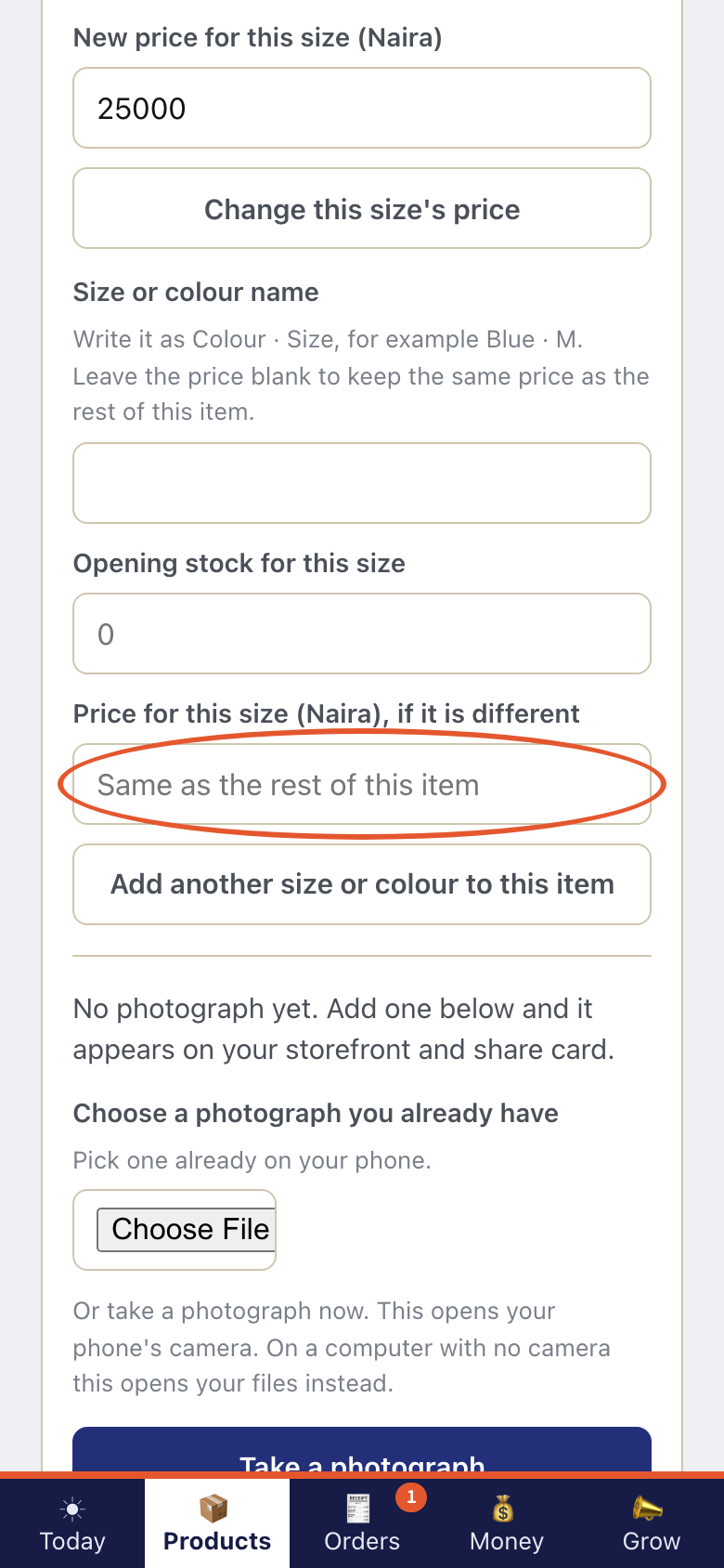 Step 2 of Sizes, colours and prices