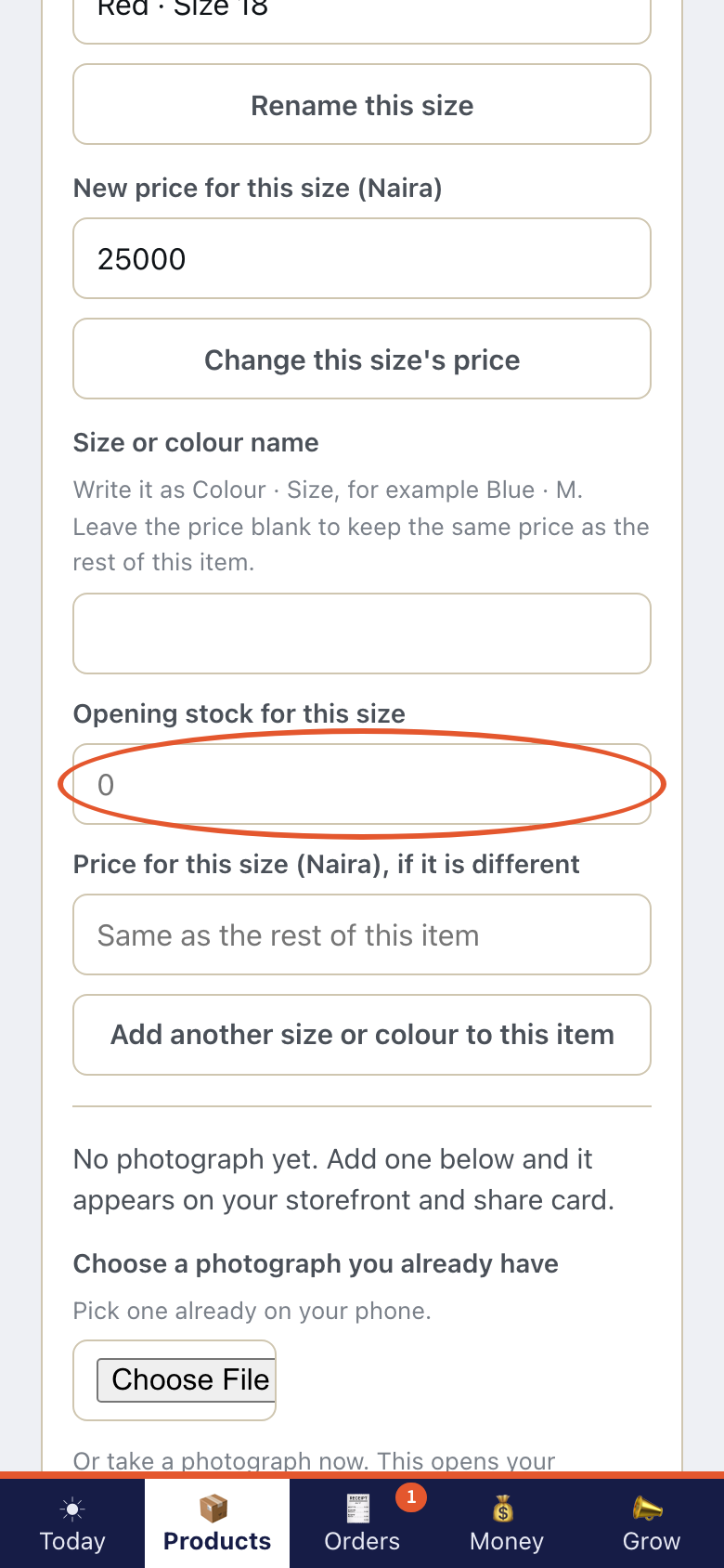 Step 3 of Sizes, colours and prices